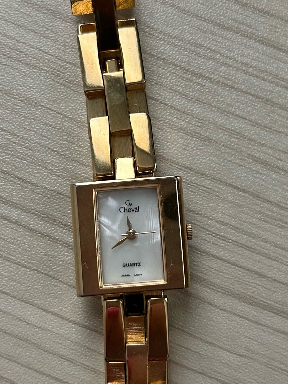 Cheval Quartz Gold Tone Rectangular Link Bracelet Watch with White/Gold Dial